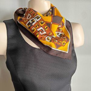Vintage 70s Mod Geometric Square Scarf Mustard Brown Retro Print